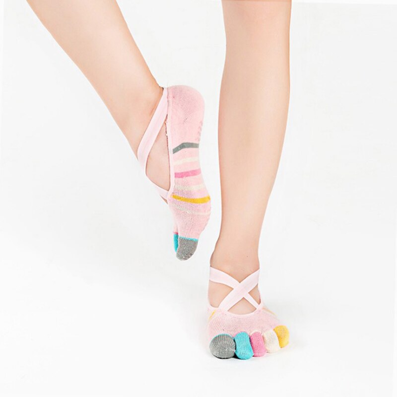 3 Pairs Five Toe Yoga Socks for Women Non-Slip Grips and Cross Straps Sock Anti-Skid Pilates Barre Fitness Sports Socks Slipper