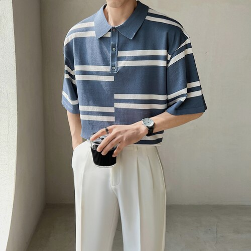 Polo a rayas para hombres, camisetas de punto de seda de hielo de manga corta, camisetas informales de negocios con solapa Social, ropa de verano 2022: Azul / XL