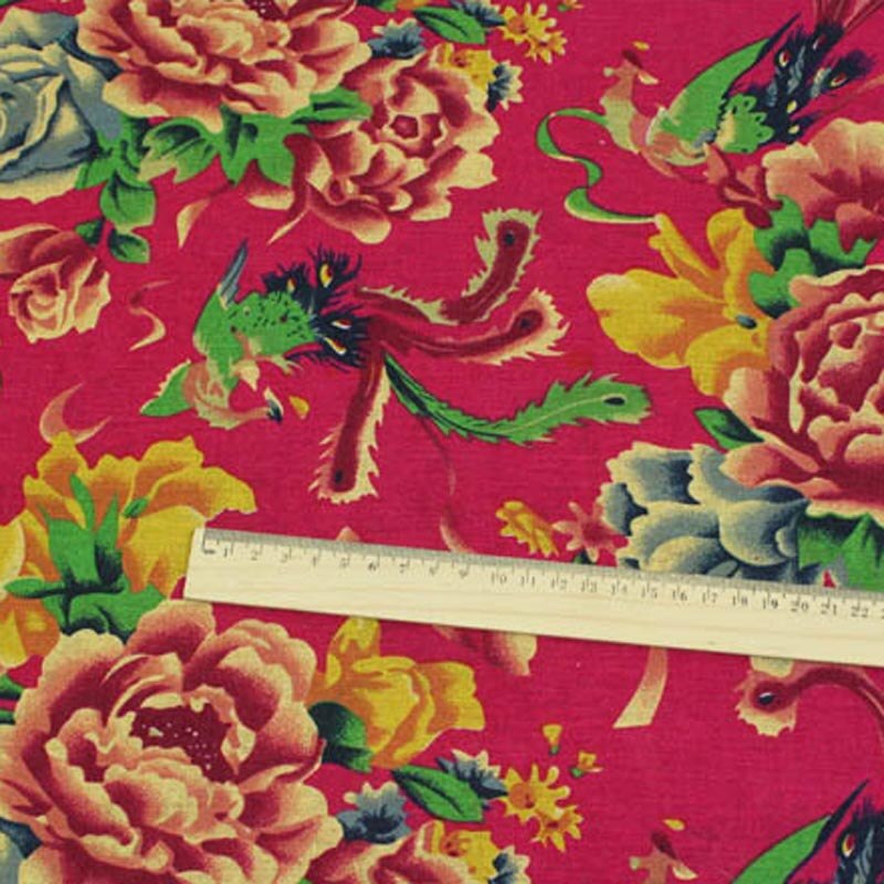 Tissu en coton/lin imprimé, fleur de pivoine Phoenix traditionnelle chinoise pour vêtements, textile de décoration patchwork: rose red / 100x140cm