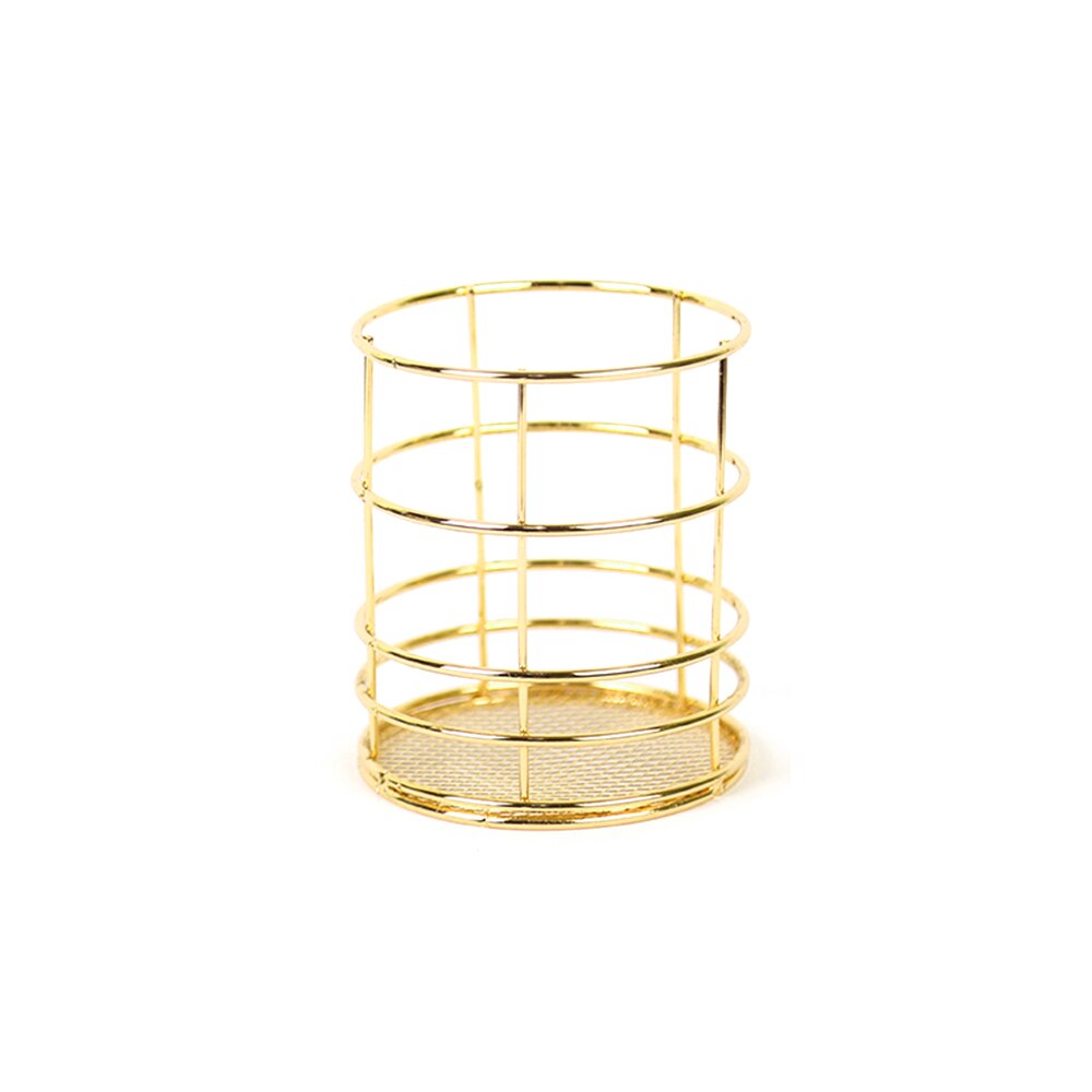 Rose Gold Metal Pen Holder Desk Organizer Pencil Holder Container Home School Storage Basket Office Accessories Mesh Pencil Pot: gold Round
