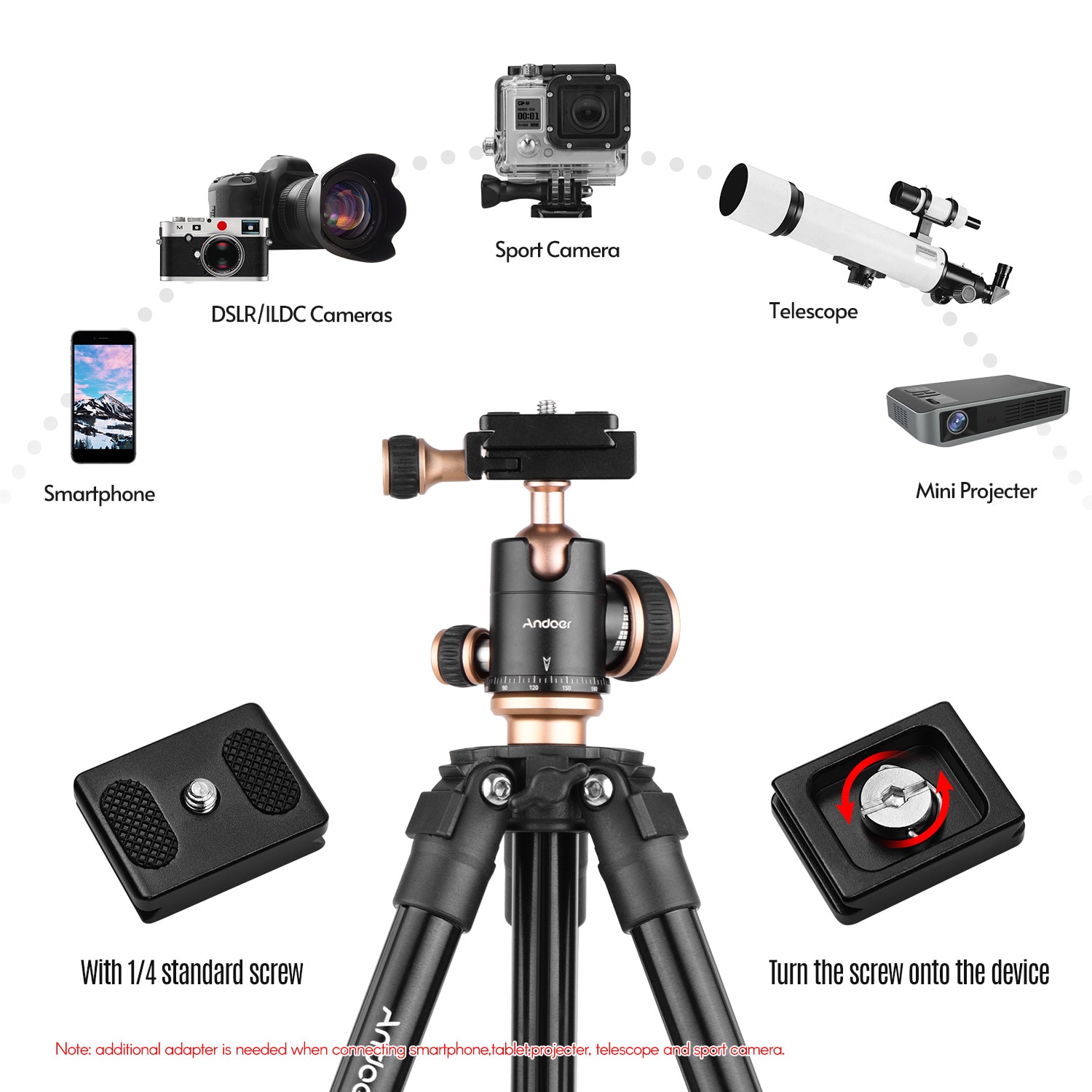 Andoer  q160sa kamerastativ kompletta stativ ballhead bubblanivå resestativ för dslr -kameror videokamera för canon nikon sony