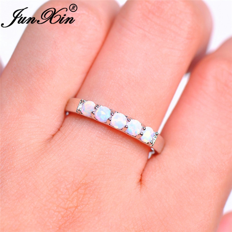 JUNXIN 925 Sterling Silver Filled Best Wedding Bands Jewelry Unique Round White Fire Opal Rings For Women Lover