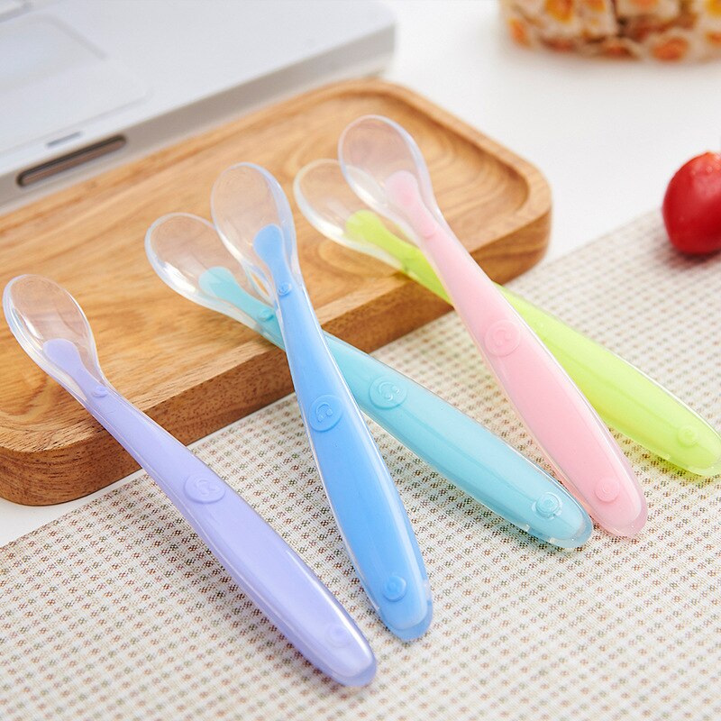 Cucharas de alimentación de bebé, vajilla para cubiertos para niños, cubiertos, cuchara, herramientas de silicona para de varias telas, lote, cucharón de sopa