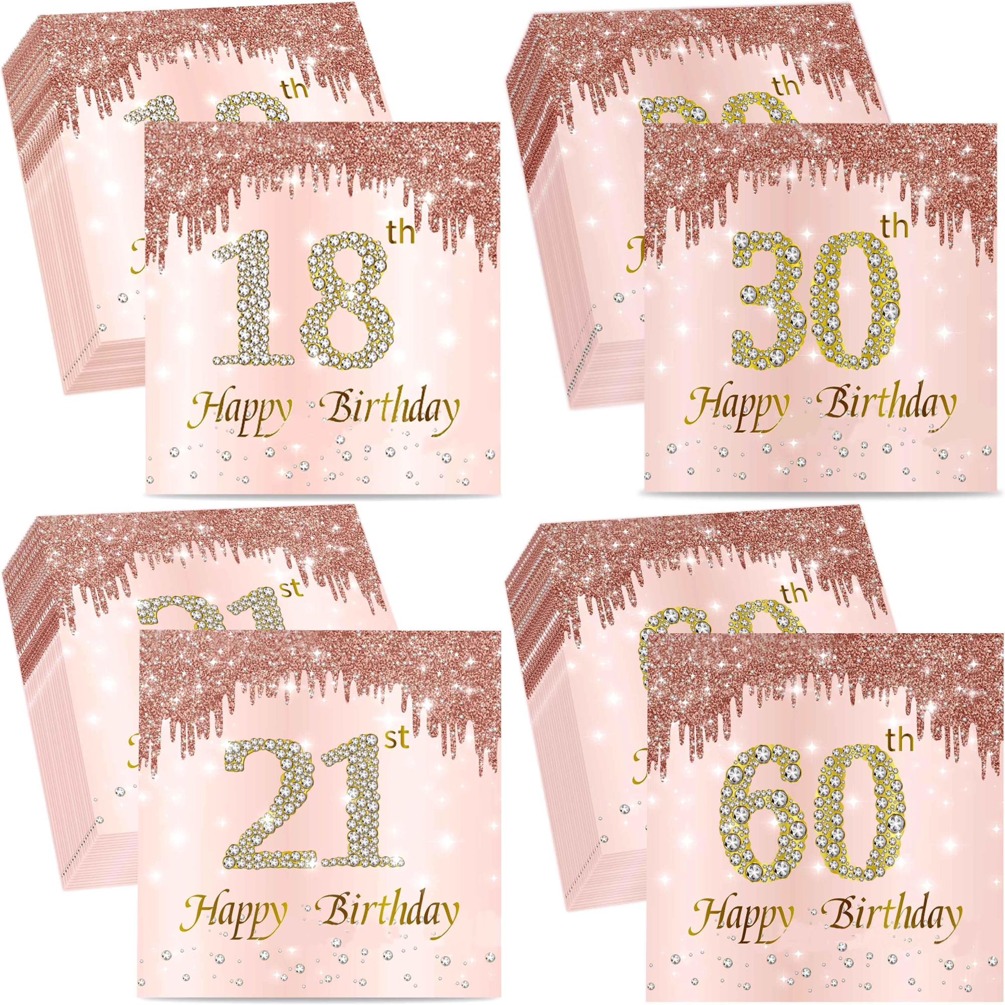 20Pcs Birthday Napkins 18th 30th 40th 50th 60th Rose Gold Pink Birthday Women Paper Tissues Birthday Party Anniversary Decorat