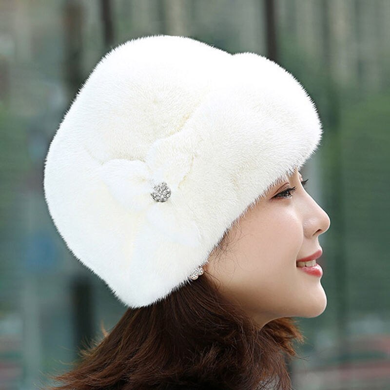 Faux Fur Trimmed Winter Hat for Women Fashionable Outdoor Warm Hats Birthday NIN668: white