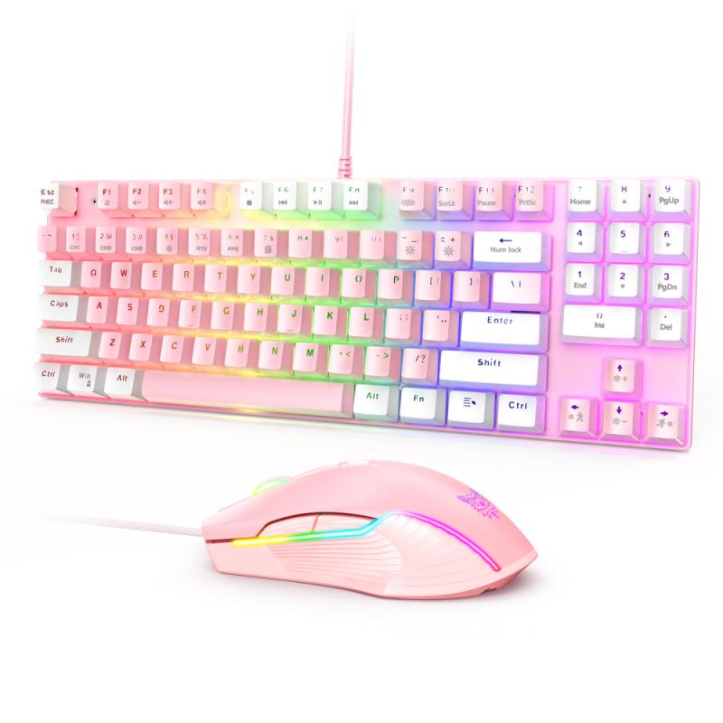 ONIKUMA Blue Axis Wired Gaming Mechanical Backlit Keyboard And Gaming Wired Mouse Set USB Interface RGB Lighting Effect: pink white