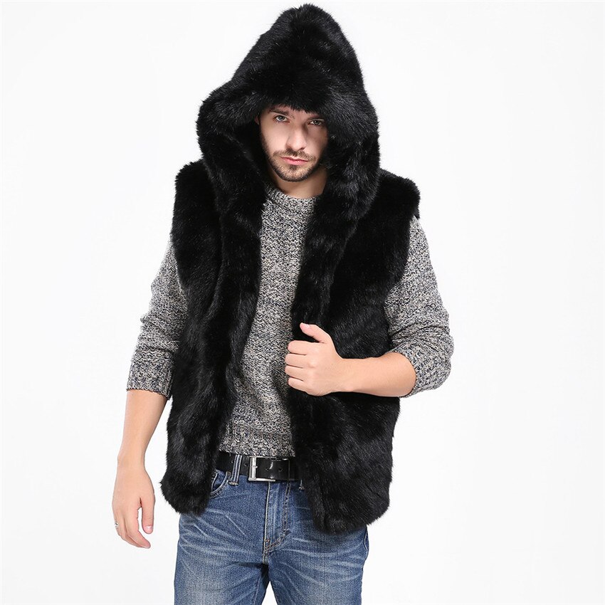 Jacket Men Faux Fur Vest Jacket Sleeveless Winter Body Warm Coat Hooded Waistcoat Gilet