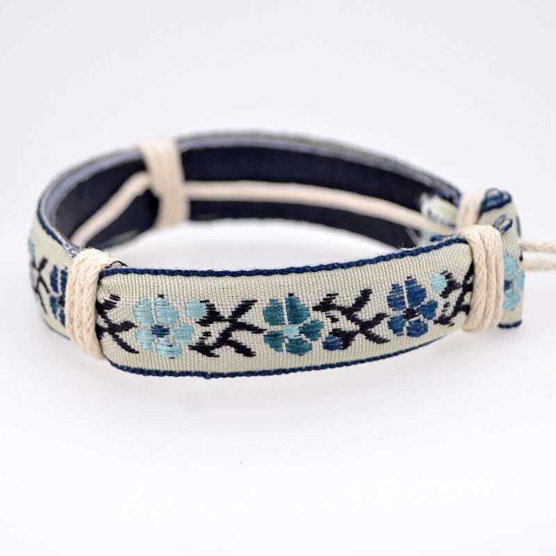 Pulsera de cuero con bordado de flores para hombre y mujer, brazalete de estilo étnico y folclórico, hecho a mano, estilo Retro, Hippie, amistad, Unisex, ABL098(1)