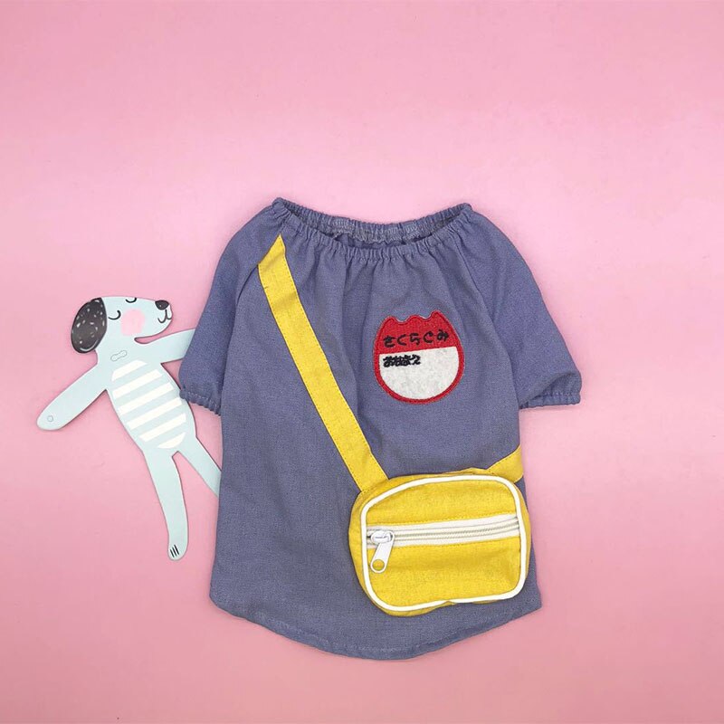 Zomer Leuke Katoenen En Linnen Japanse School Uniform Leuke Schooltas T-shirt Franse Bulldog Schnauzer Teddy Vet Hond Kleding: Blauw / S