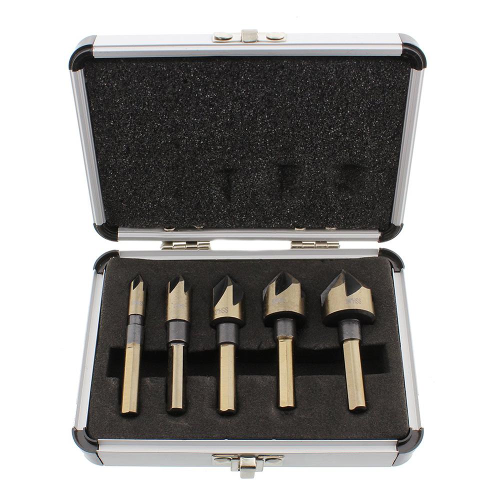 5 pcs 5 Flute Countersink Drill Bit HSS 82 Degree Point Angle Chamfer Chamfering Cutter 1/4" Round Shank For Power Tool: Storage Case