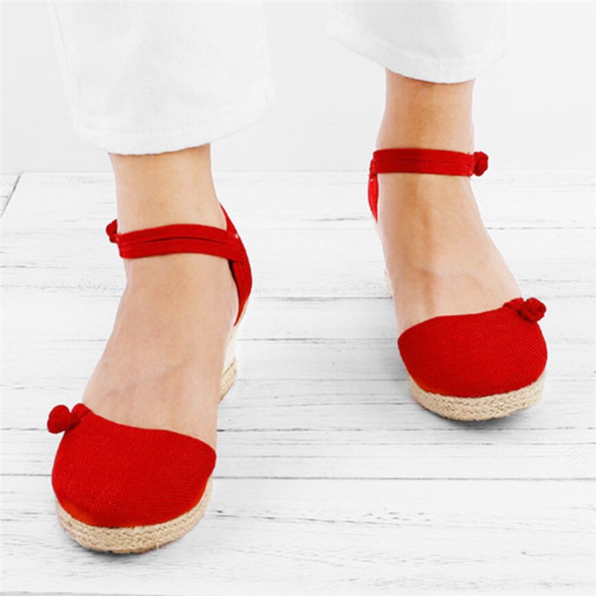 Straw Hemp Rope Sandals Women Ladies Retro Linen Canvas Wedge Round Toe Casual Sandals Singles Shoes Closed Toe Sandal