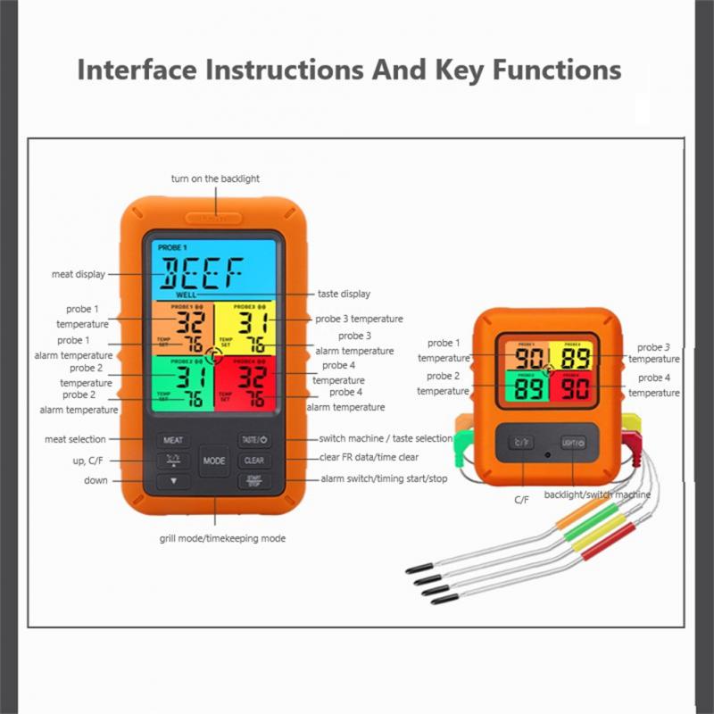 4 Probe Digital Screen Wireless Kitchen Oven Thermometer For Meat Water Food Barbecue BBQ Cooking Tool Temperature Gauge Alarm