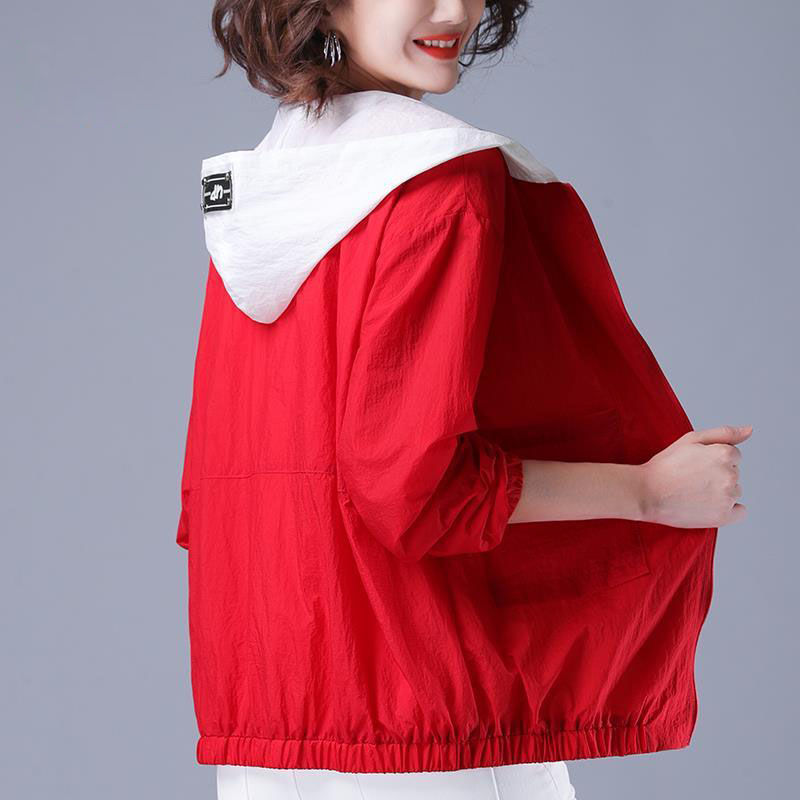 Jackor dam sommar chic patchwork huva koreansk solskydd kvinna jacka matchande tunna femme korta kappor oversize 5xl