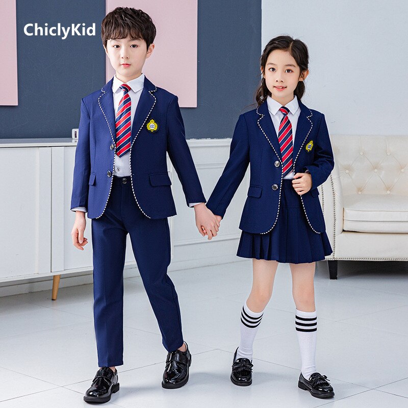 Boys School Uniform Girls Navy Jacket Skirt Shirt Tie Suits Kids Formal Dress Tuxedo Clothes Sets Students Outfits Child Costume