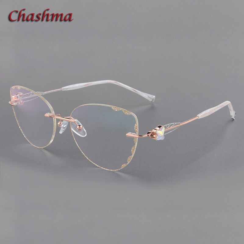 Chashma cat eye titanium prescrpiton briller diamant kvinder kantløse optiske stel tonede farvede linser: Default Title