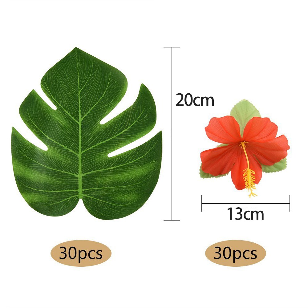 60 Pcs Tropical Party Decoratie Benodigdheden 8 inch Tropische Palm Monstera Bladeren en Hibiscus Bloemen, Simulatie Leaf voor Hawai