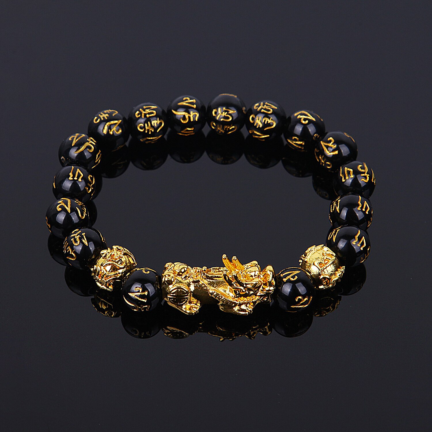 Feng shui armbånd held rigdom buddha sort obsidian sten beaded armbånd hombre guld charme pixiu armbånd kvinders mænd unisex: Guld 10mm