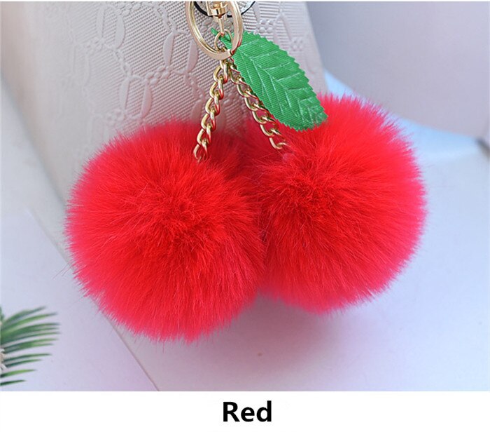 Leuke Pluizige Faux Konijnenbont Bal Pompom Sleutelhanger Cherry Gold Sleutelhanger Pom Pom Sleutelhanger Bag Charms Wedding trinket: Red