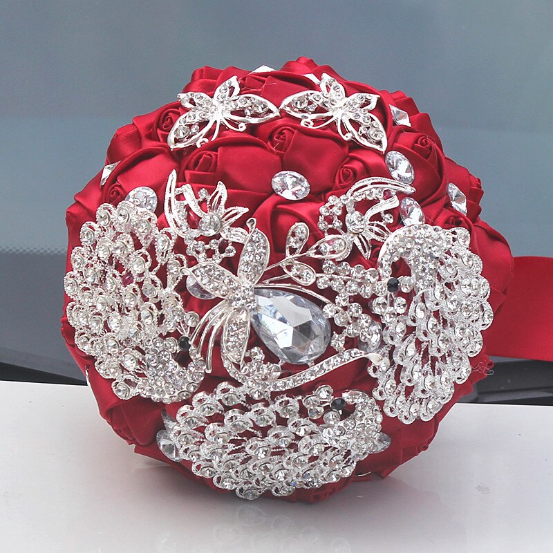 Bouquet de mariage broche diamant de , 15cm, rubans à fleurs de mariage, demoiselle d'honneur, Bouquets de mariage en cristal 8 Styles: W290 Burgundy