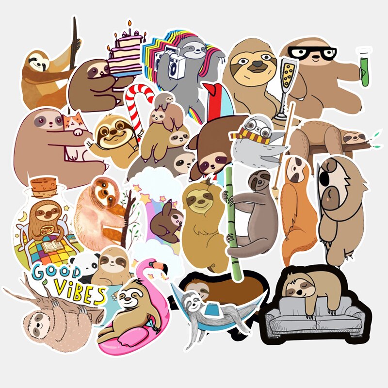 50Pcs Cute Sloth Animal Laptop Stickers Relax Life Funny Text Cartoon Waterproof Stickers For Kids DIY Guitar Fridge PC Decal