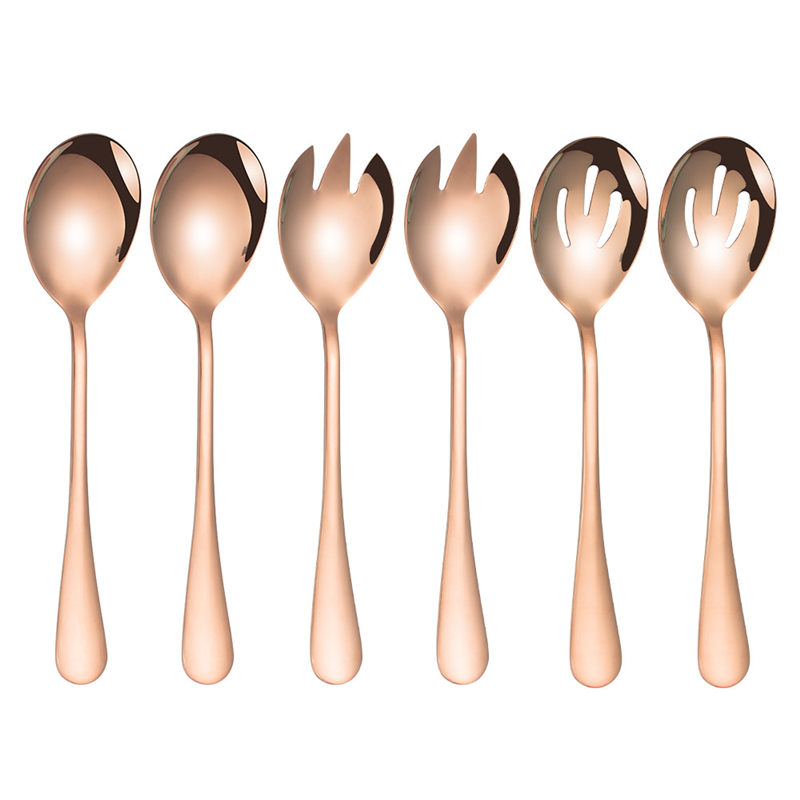 3Pcs Salad Serving Spoon Fork Set Mix Spoons Pot Porridge tool Public Restaurant Serving Kitchenware Using Buffet Utensil: 6pcs Rose gold