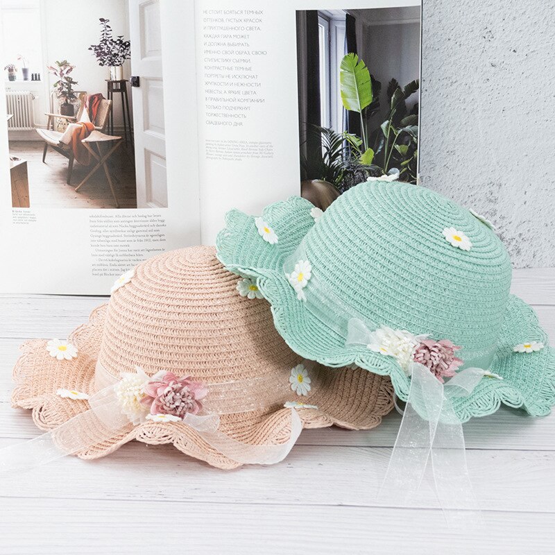 Los niños chica listón con flores sombrero hongo de paja sombreros de Sol para niños de primavera y verano con volantes con ala playa gorra para el sol sombreros