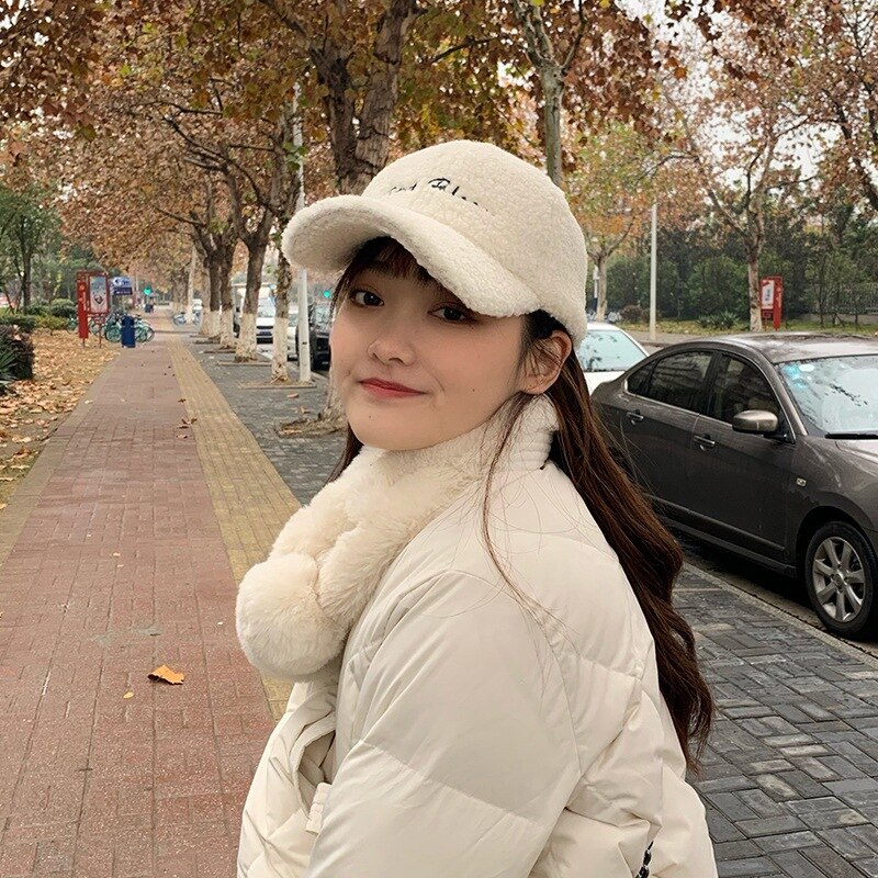 Lamb Wool Hat Women Autumn And Winter Korean Version Girl Tide Letter Ins Show Face Cute Warm Cap Plush Baseball Cap