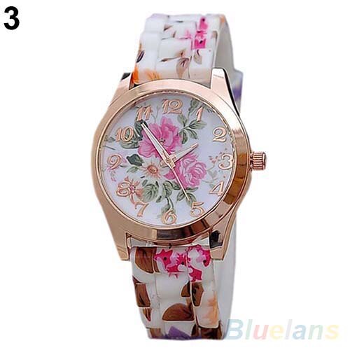 Mode Vrouwen Bloemenprint Silicon Band Arabische Cijfers Wijzerplaat Quartz Horloge Armband