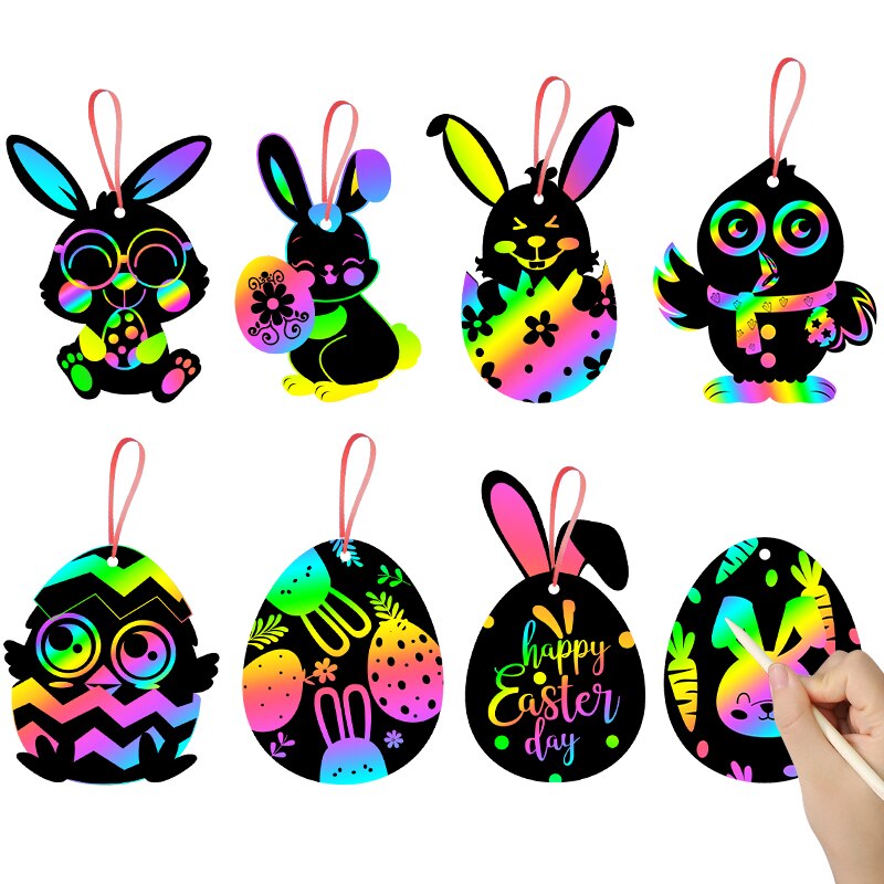 64Pcs Easter Scratch Party Supplies Easter Eggs Bunnies Chicks Scratching Cards Easter Decor Scratch DIY Crafts Parties for Kids