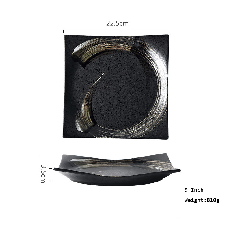 Japanese Retro Square Ceramic Tableware Black Dinner Plate Tray Dessert Steak Sushi Cake Dishes Home Restaurant Flat Plates: 9 Inch
