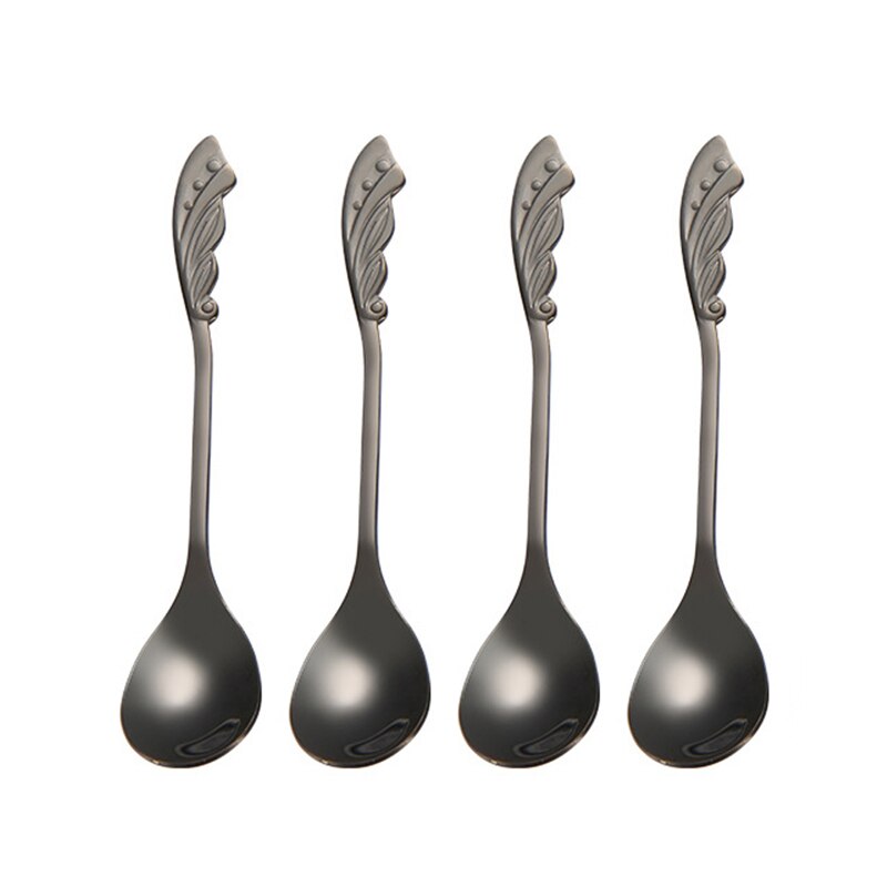 4 Pcs/Lot Mini Spoon Set 12 Cm Tiny Coffee Spoons 304 Stainless Steel Rose Wing-shaped Serving Dessert Spoon Set: Black 4 Pcs