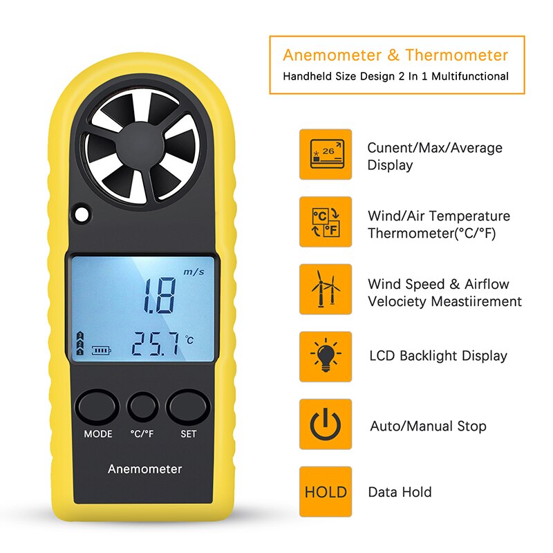 Handheld Anemometer Portable Wind Speed Meter Meter Wind Gauges Air Flow Thermometer with LCD Backlight