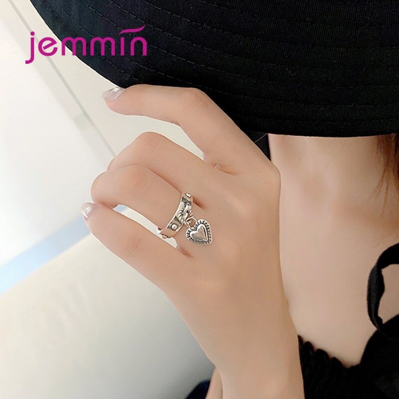 Trendy 925 Sterling Silver Heart Shape Pendant Open Finger Rings For Women Fine Jewelry Birthday Adjustable Size