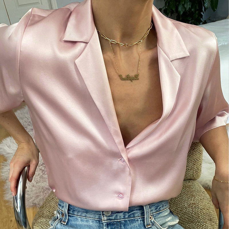 Nclagen sateng kontor dameknapp bluse kortermet hakk krage silke myke bluser dame sommer fritidsskjorte