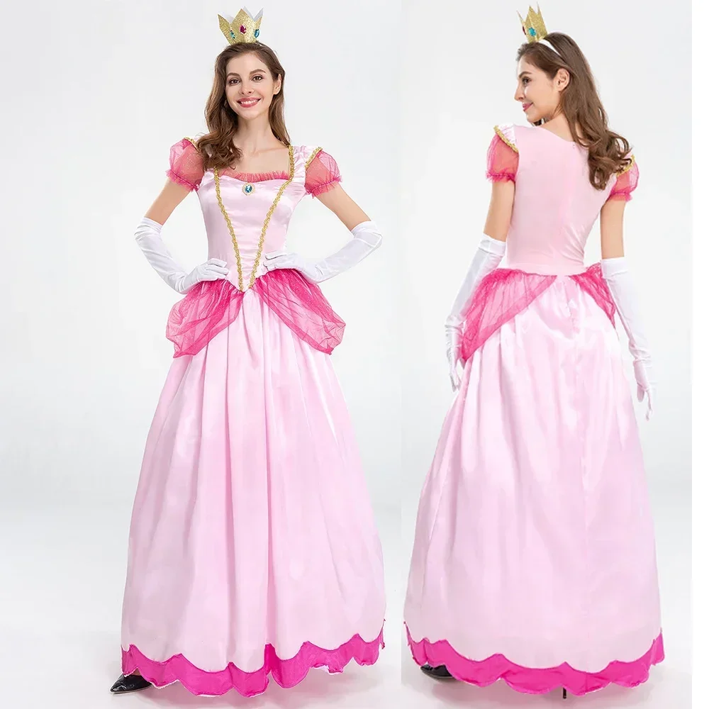 Costume da principessa peach per donna, cosplay, festa di halloween, travestimento, abbigliamento per donna, abito rosa elegante