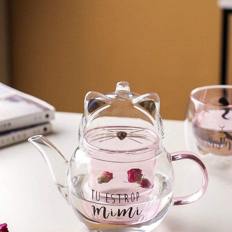 gatto teiera Tè bicchiere alta temperatura spessa bella fiore teiera filtro domestico impostato da tè brocca d'acqua in vetro resistente al calore