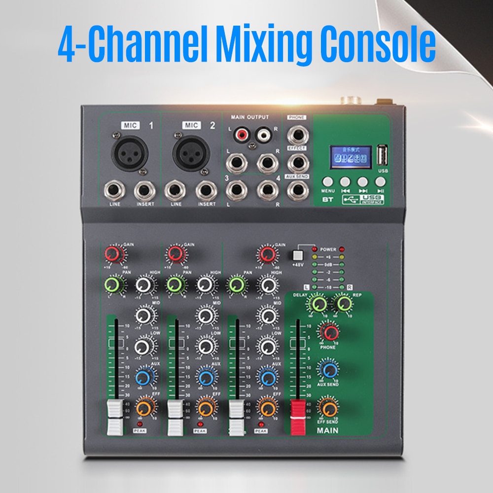 4-Channel Portable Mixing Console Digital Audio Mixer Supports BT Connection Reverb with USB Audio Interface Studio Recording