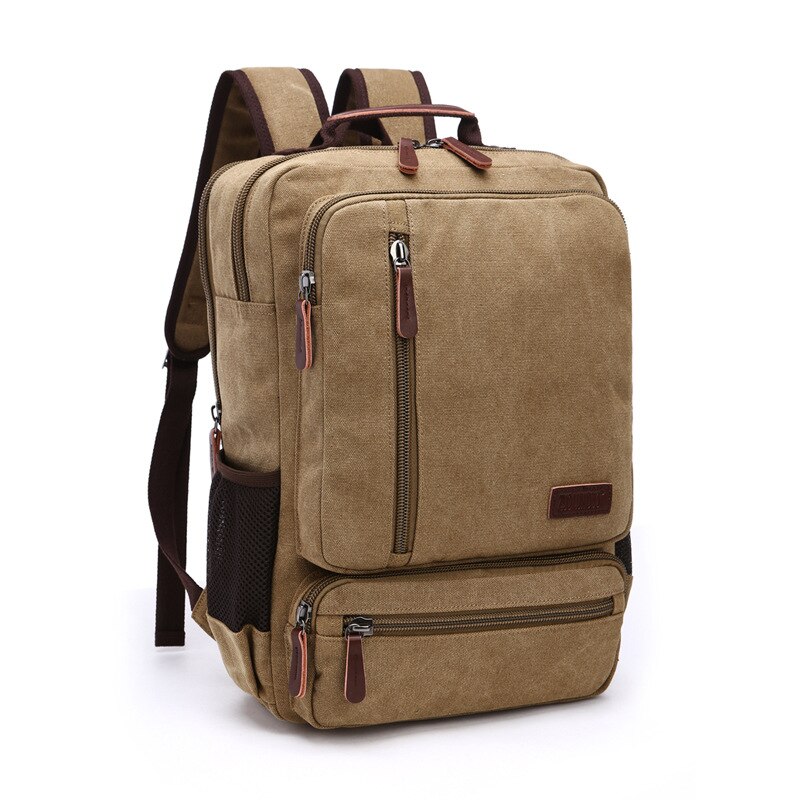 large-capacity college style student zipper schoolbag male retro backpack travel computer bag anti theft backpack: Khaki