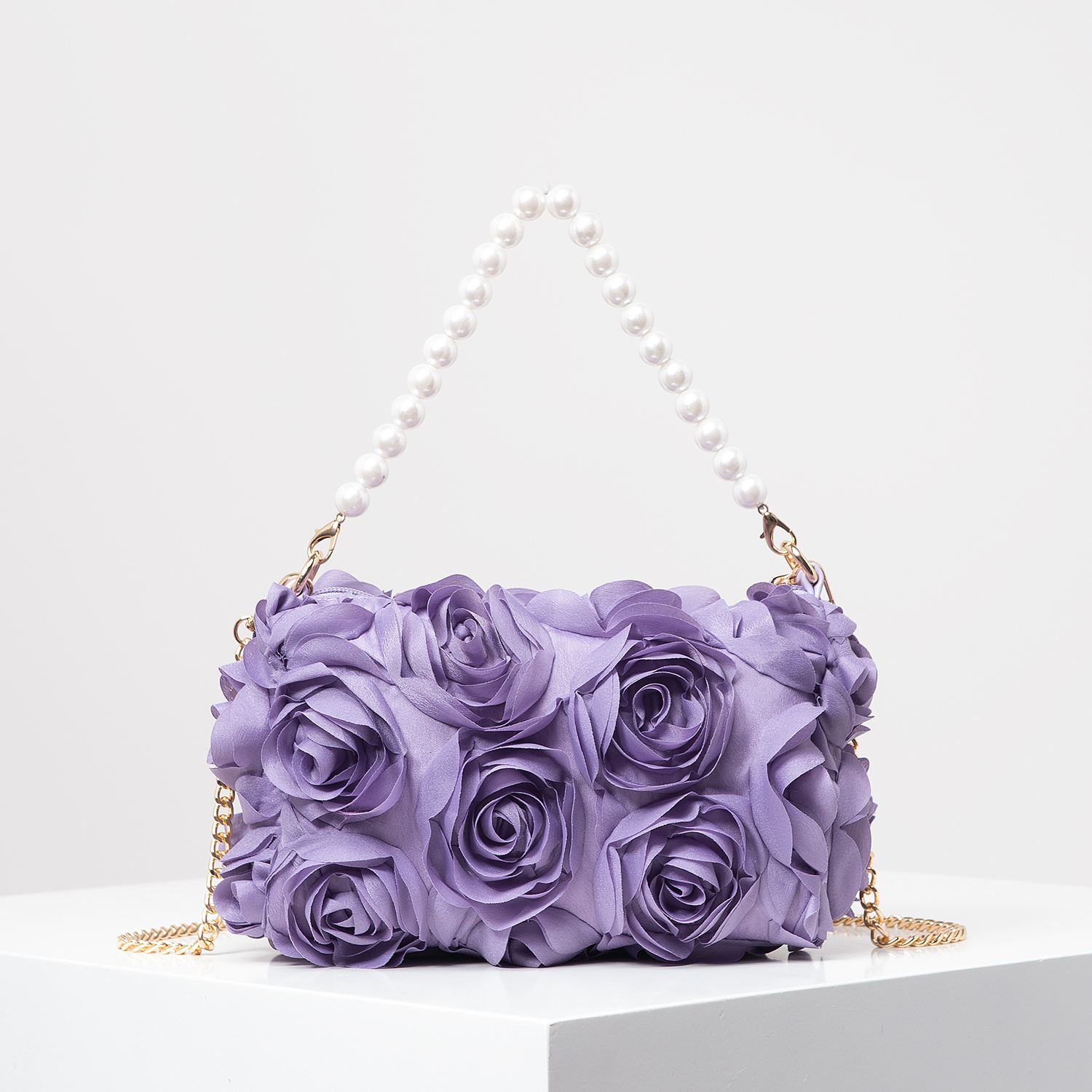 sac de dîner fleur rose, sac à main en fausse perle, sac à bandoulière chaîne en métal, sac de mariée (motif aléatoire): Lavande