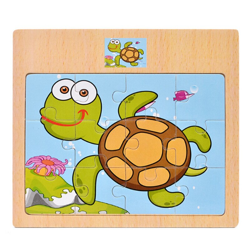 12 stuks Cartoon Puzzel Houten Speelgoed Dier/Voertuig/Motorfiets Hebben Referentie Foto Kids Educatief Kids speelgoed: tortoise