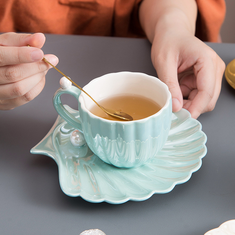 Taza y platillo de perlas de concha hermosa para café, té, vajilla de cerámica para cocina y oficina, elegantes de café de cumpleaños y boda, 240ml