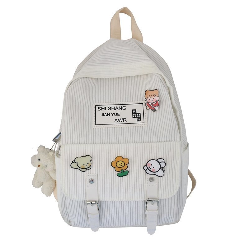 Cute Corduroy Backpacks for School Teen Girls Patchwork Colorful Bagpack Kids School Bags Double Buckles Travel Knapsack H246: white / only pins