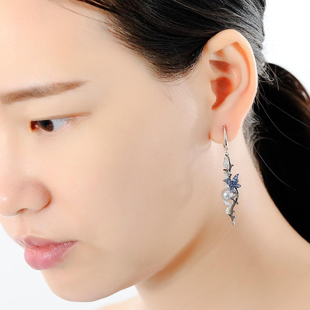 Santuzza Zilveren Oorbellen Voor Vrouwen 925 Sterling Zilveren Dangle Oorbellen Blauwe Vlinder Zoet Water Witte Parel Mode-sieraden