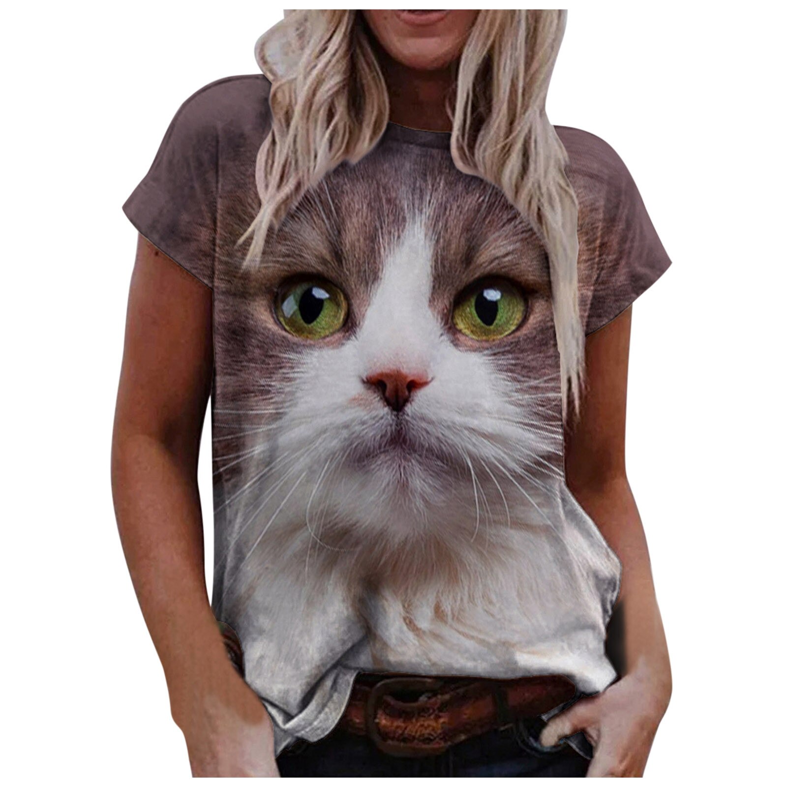 Harajuku-Camiseta con estampado De gato 3D para Mujer, camiseta De manga corta con cuello redondo y estampado De cuerpo completo De camisola De Mujer: M