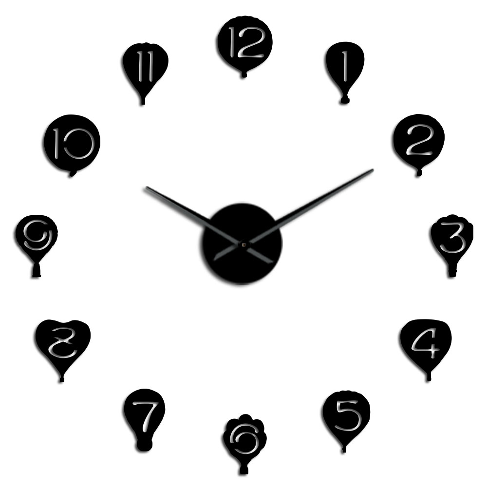 Floating Air Balloon Wall Art DIY Giant Wall Clock Kid Room Nursery Silent Movement Decorative Frameless Large Wall Watch: Black / 37 inch