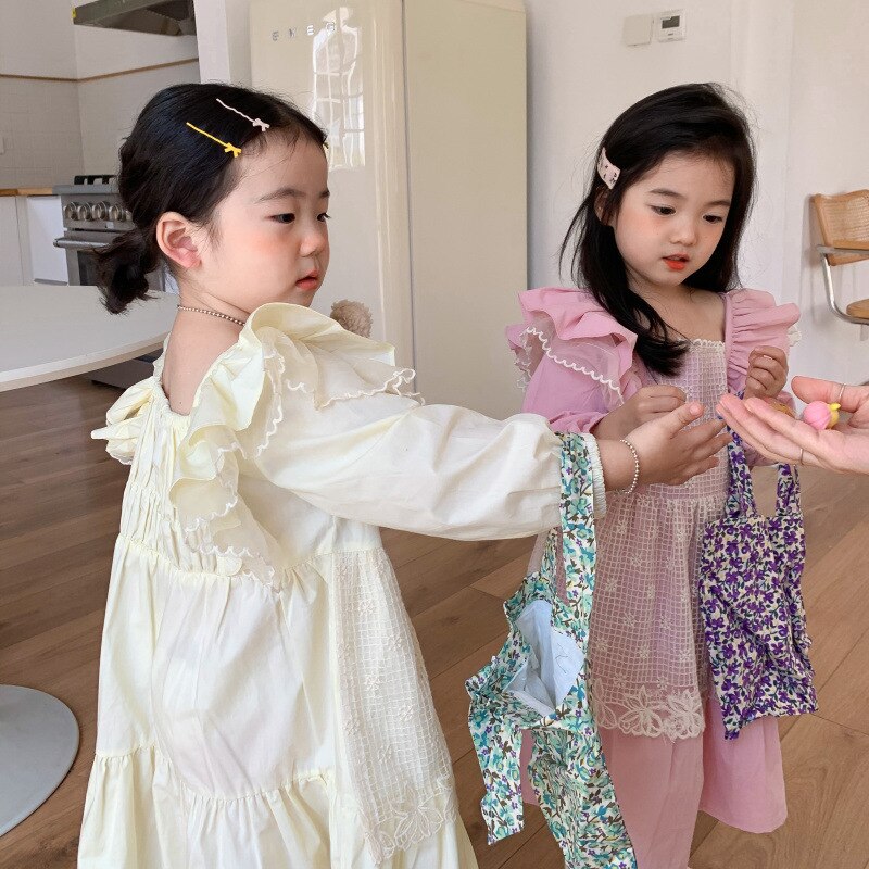 1195D 2022 Spring Korean Girls Dresses Long Sleeve Lace Vest and Flare Sleeve Dresses Princess Birthday Party Girls Clothes