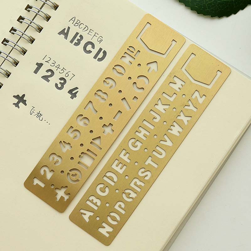 EZONE Number/Alphabet Pattern Ruler Golden Metal Drawing Template Multifunctional Hollow Out Brass Ruler Bookmark School Supply