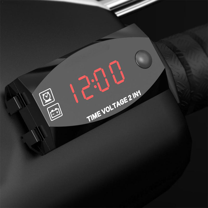 6V-30V 2-in-1 LED Voltmeter For Motorcycle Electric Vehicle Time Clock Multi-function With Digital Display