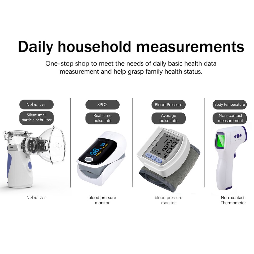 Monitor per la salute della famiglia portatili Set pressione sanguigna ossigeno nel sangue monitoraggio della temperatura frontale nebulizzatore per bambini