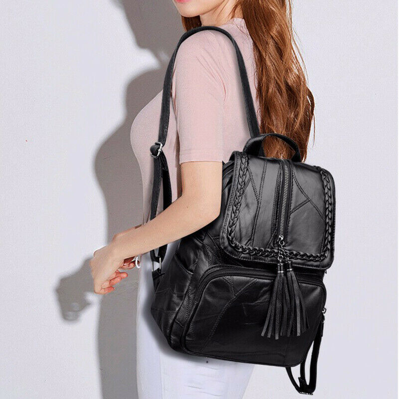 Kvinners pu lær ryggsekk skolesekk klassisk svart vanntett reise multifunksjonell skulderveske